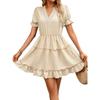 Women’s Summer Casual Short Sleeve Dress with Tie Waist Ruffled Hem V Neck Design Lightweight Fabric Elegant Style