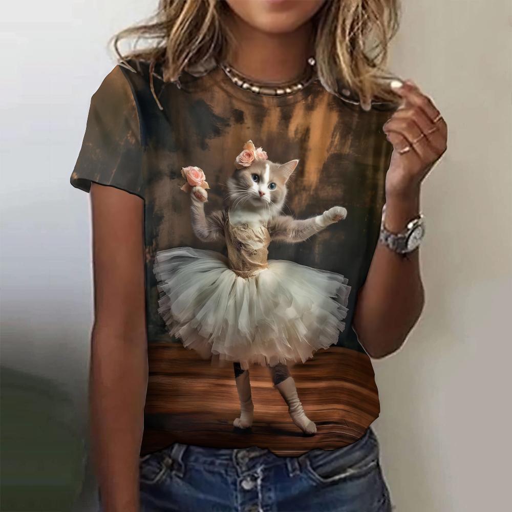 Fashion Personification Cat Pattern Dancing Cat Print Women's Short Sleeves T-shirt Casual Loose Tees Female Clothing Tops