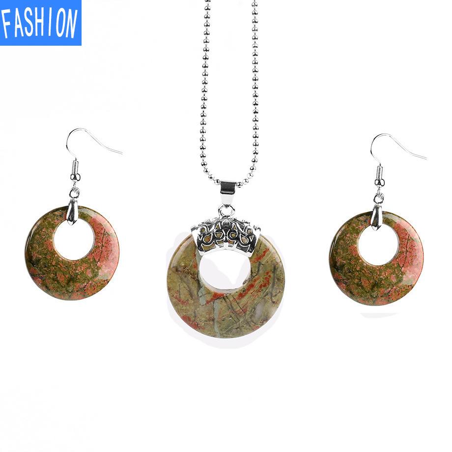 Damen Naturstein Hohl Konzentrisch Rund Set Blume Grün Weiß Kristall Tigerauge Stein Ohrring Halskette Set