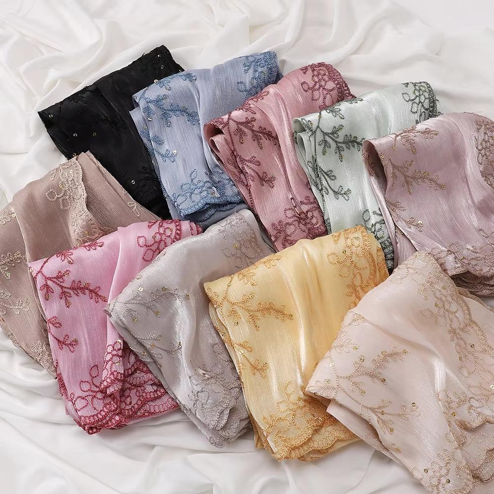 Flowy Sequin Floral Hijab Sparkly Sequin Embroidered Hijab Lace Edge Shawl Wedding Occasion