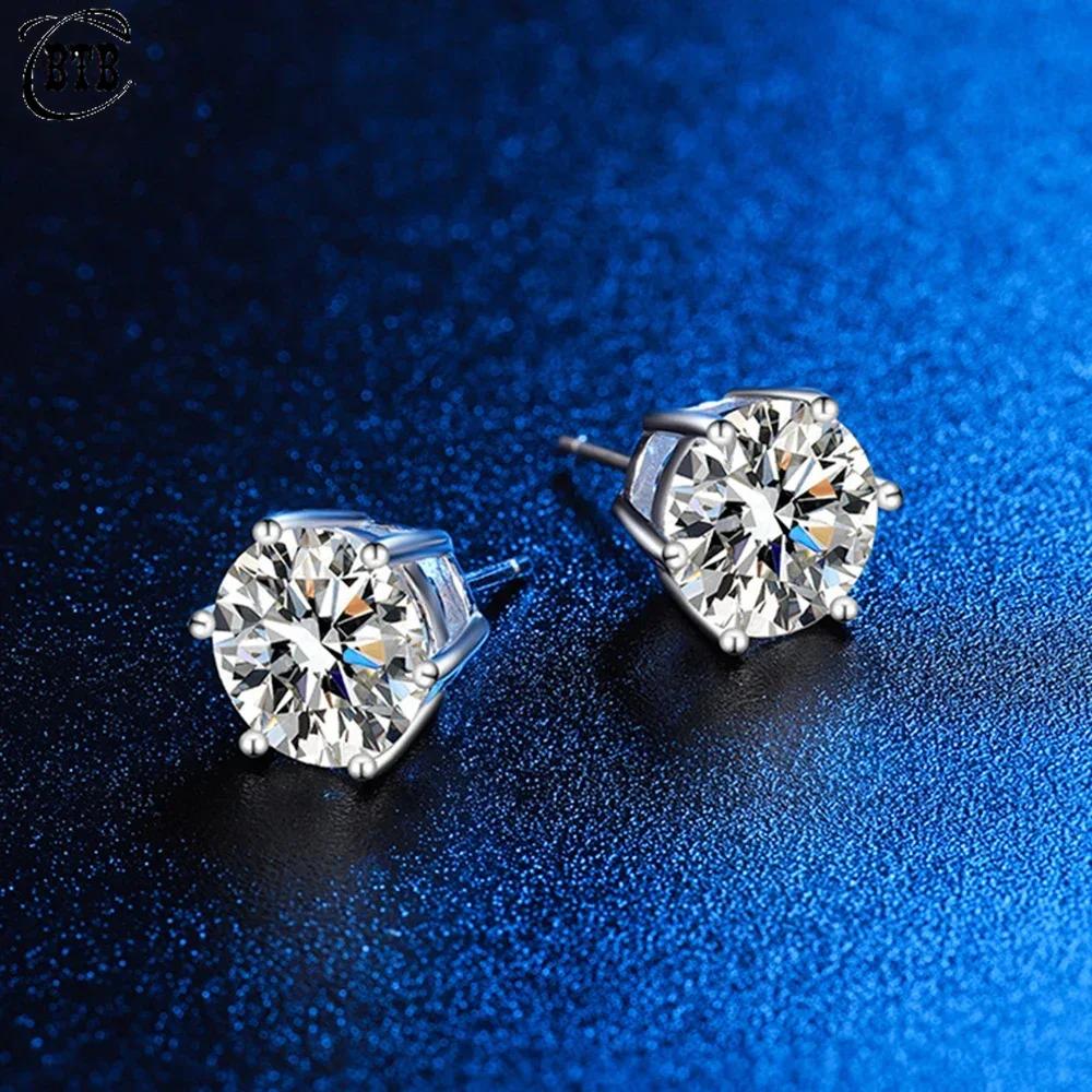 Cbtb 925 Silver GRA Certified 0.5-3CT Real Moissanite D Color VVS1 Six-jaw Stud Earrings Women Wedding Band Jewelry