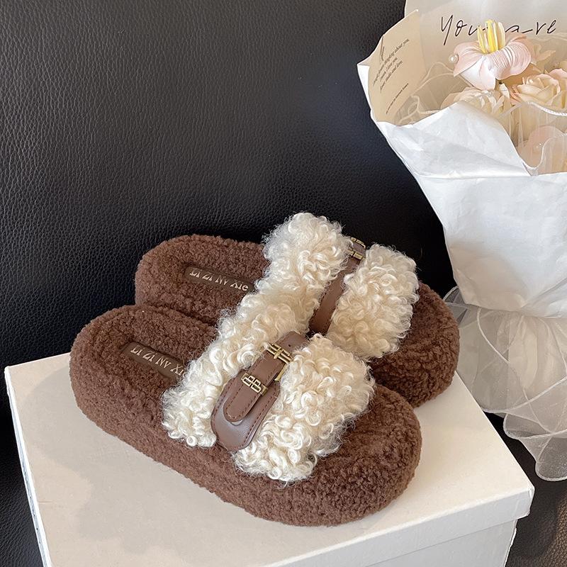 Curly hair thick-soled fluffy slippers women's shoes 2025 autumn and winter outer wear Korean version of high-end belt buckle one-word cotton slippers