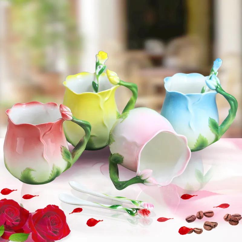 2025 New European Style Enamel Ceramic Coffee Mug Creative 3D Rose Flower Shape Teacups Pastoral Milk Cups with Spoon Gifts