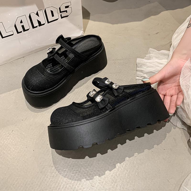 

Туфли-полусапожки на толстой подошве, увеличивающие рост, женская уличная обувь 2025, новая летняя сетчатая дышащая, с юбкой, сандалии-шлепанцы 39 чёрный