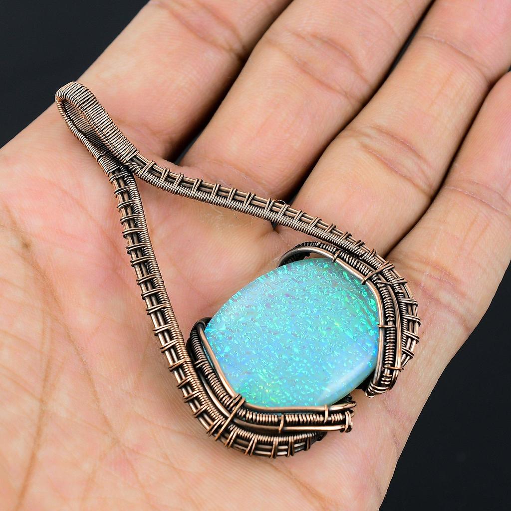 Niebieski Australijski Opal Potrójny Kamień Szlachetny Oplatany Ręcznie Drutem z Czystej Miedzi Wisiorek Biżuteria