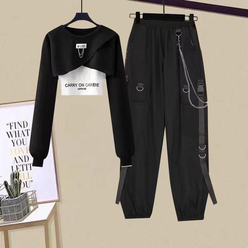 

Корейская мода Женский осенний комплект-тройка: Брюки карго, топ с нерегулярным длинным рукавом и жилет-камисоль S (Recommended 30-40 kg)