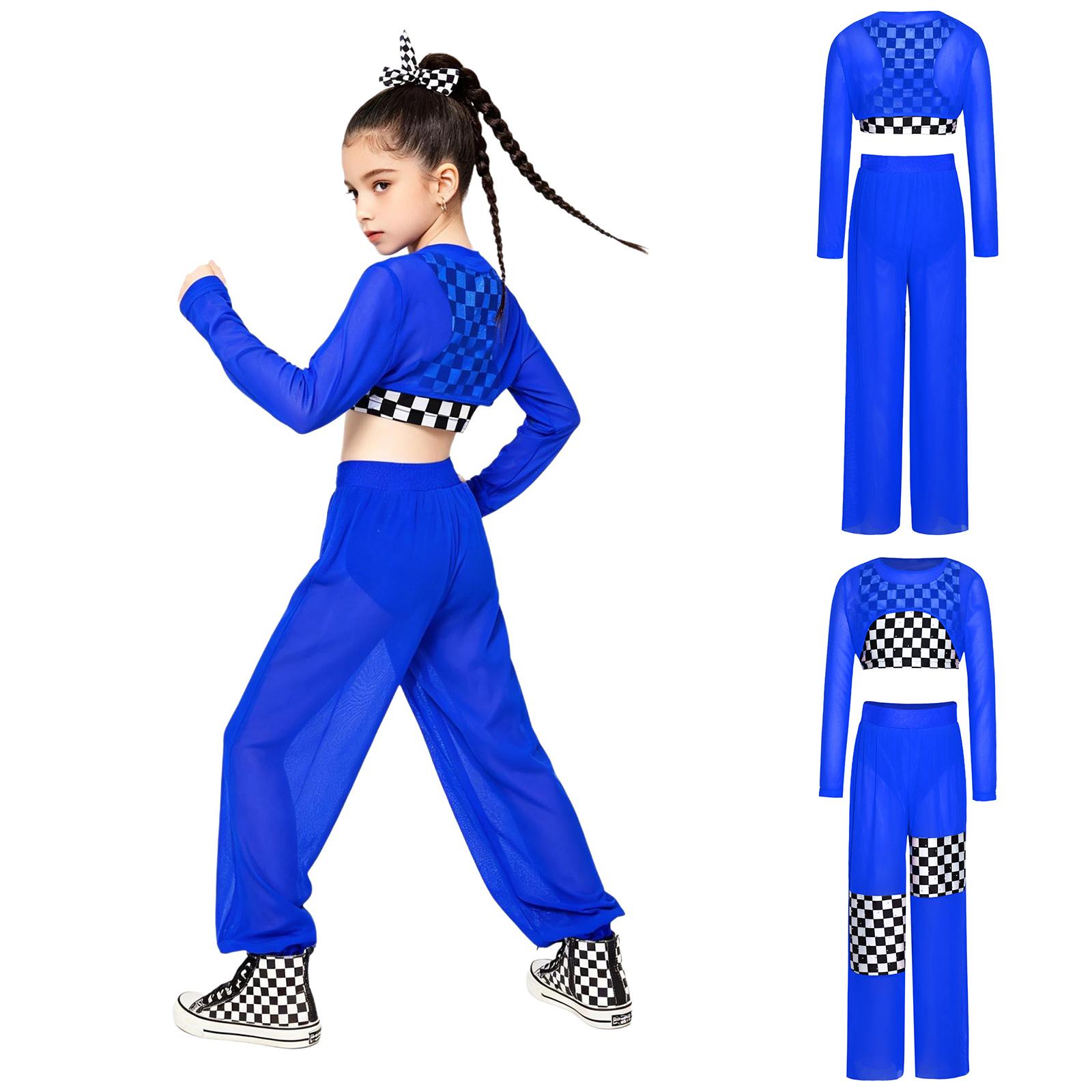 Kinder Rennfahrer Outfit Strass Karomuster Weste Crop Netzoberteil und Patchwork Hose für Mottoparty 7-8 Years königsblau