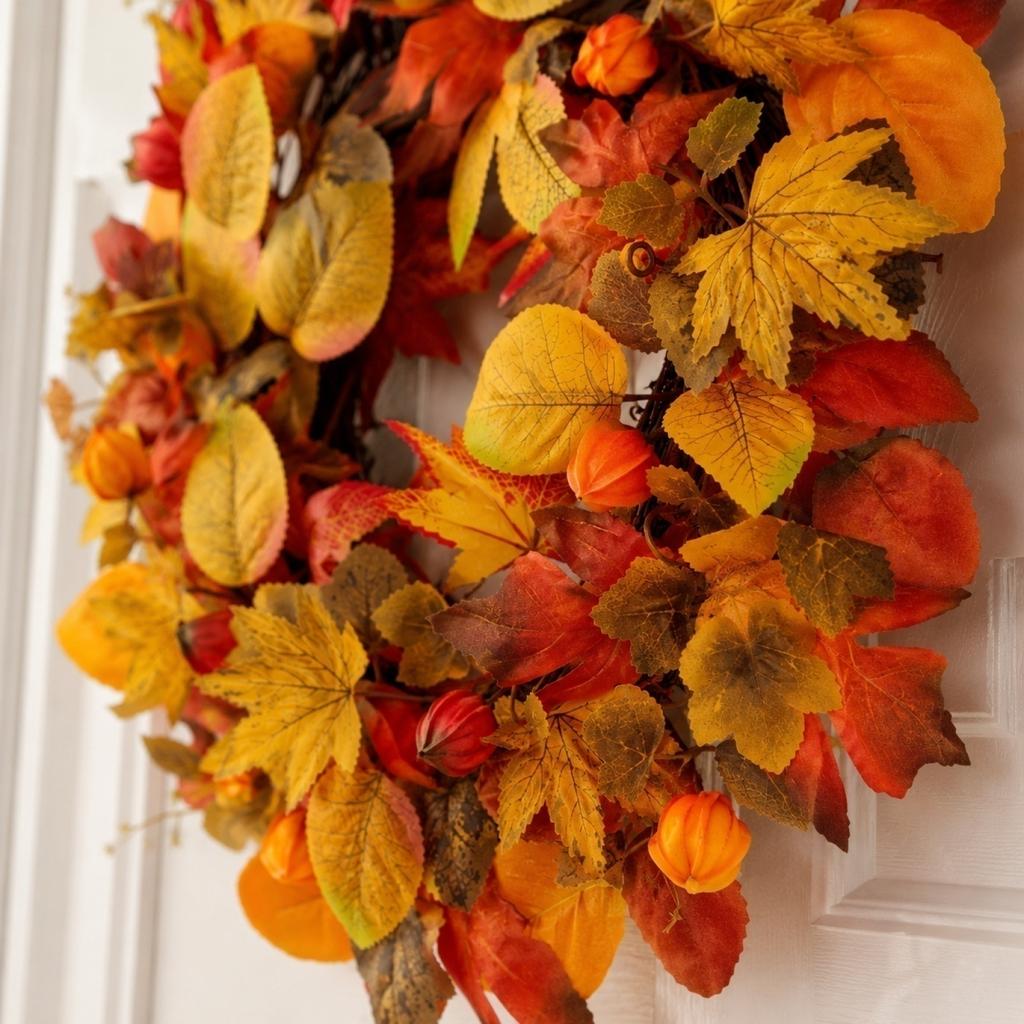 50cm Autumn Maple and Currant Artificial Leaf Wreath with Mixed Leaf Shapes and Berry Accents for Seasonal Home Decoration