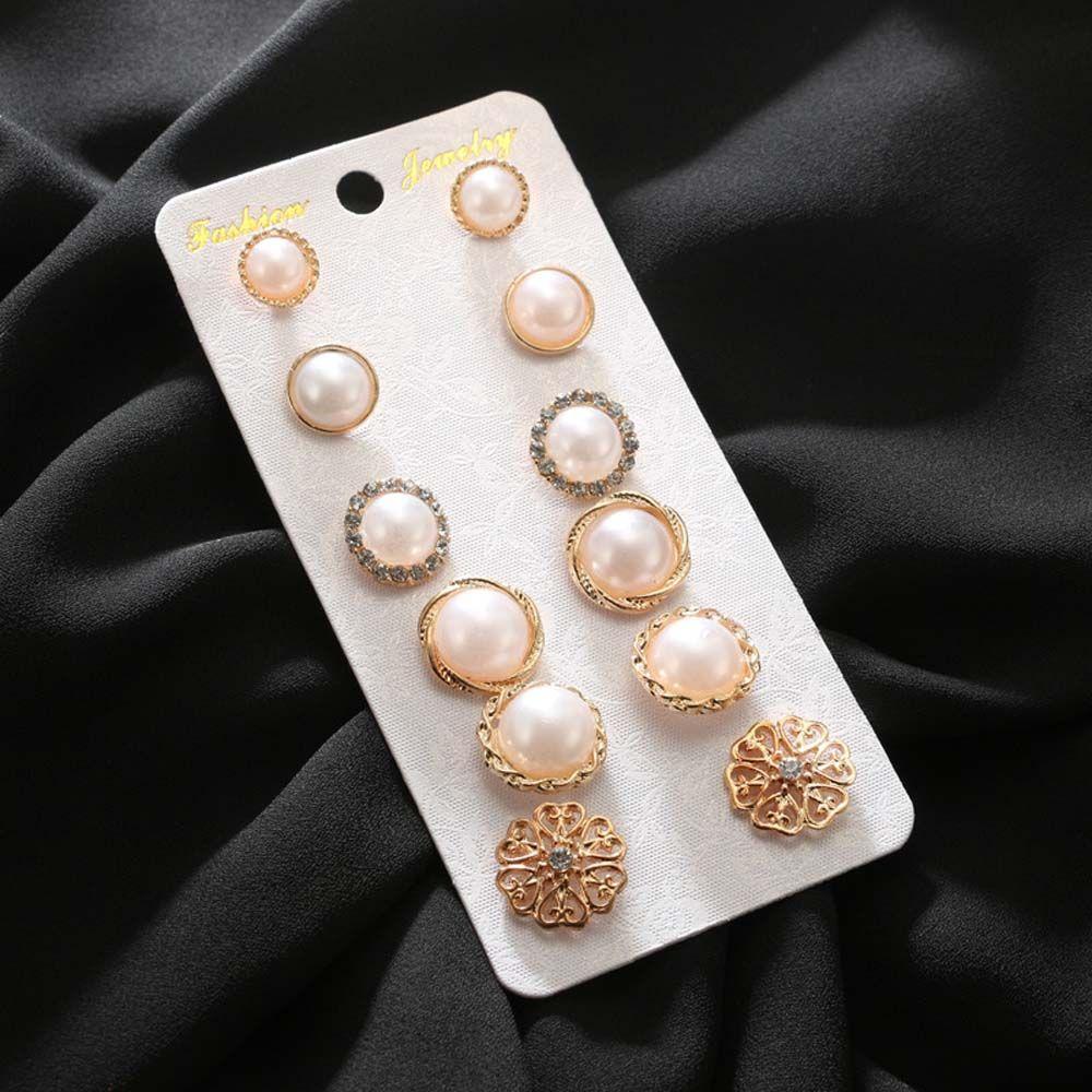 For Women Hollow Flower Simulated Pearl 6 Pair/Lot Stud Earrings Jewelry Accessories Earring Sets