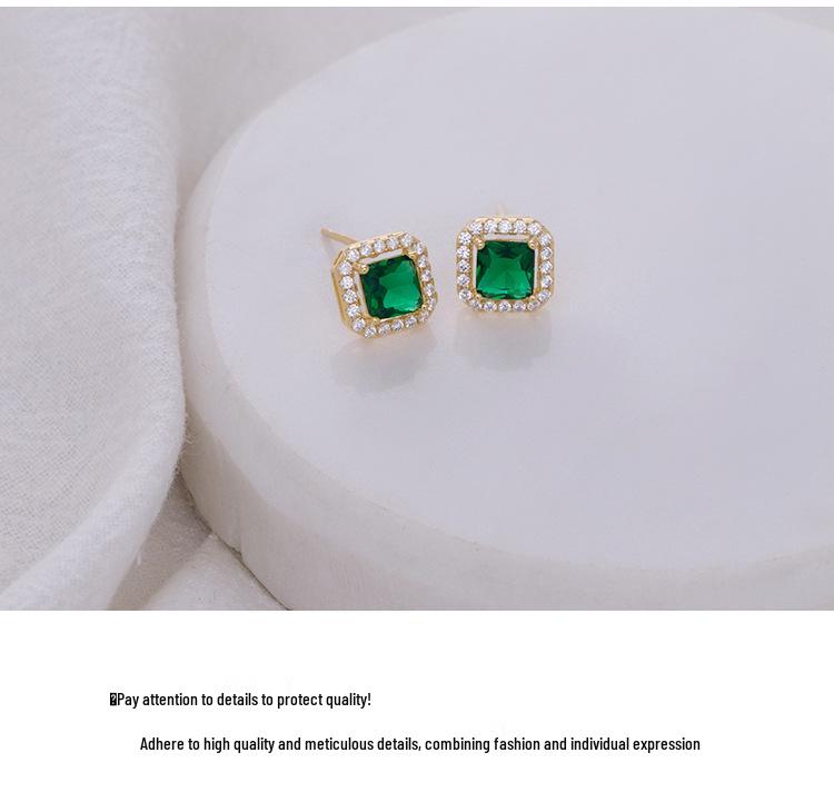 S925 Silver Retro Emerald Diamond Square Earrings - Women's Luxury Green Fashion Jewelry