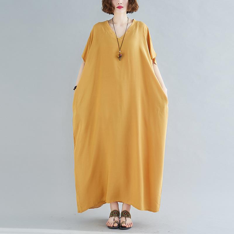 Plus-size Women's Bohemian V-neck Dress Solid Color Skirt