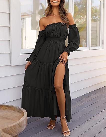European and American new bohemian sexy off-the-shoulder dress with pleated side split long skirt