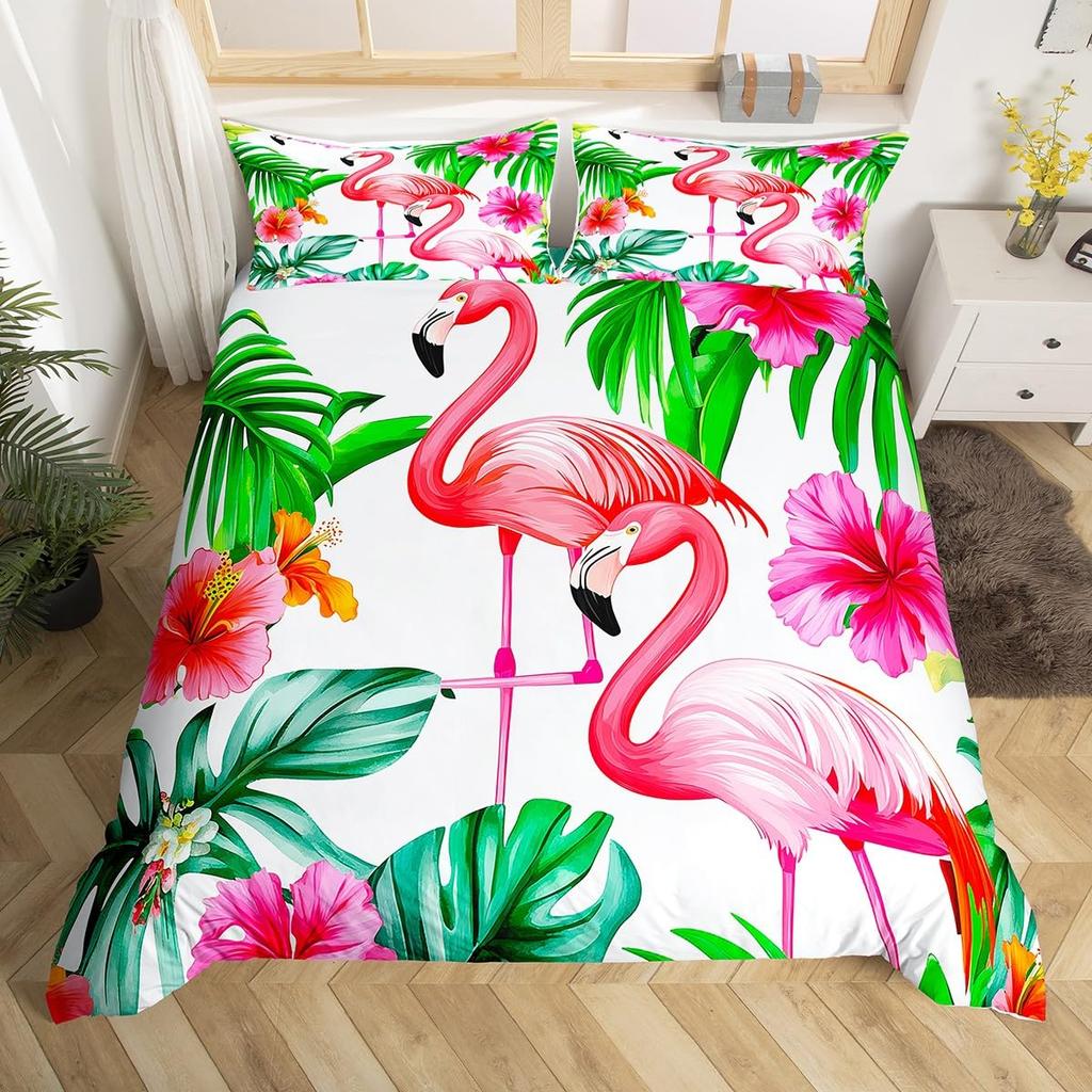 Pink Flamingo Bedding Set Palm Leaves Printed Decor Duvet Cover Twin Size Tropical Green Plants Floral Pattern Nature Themed