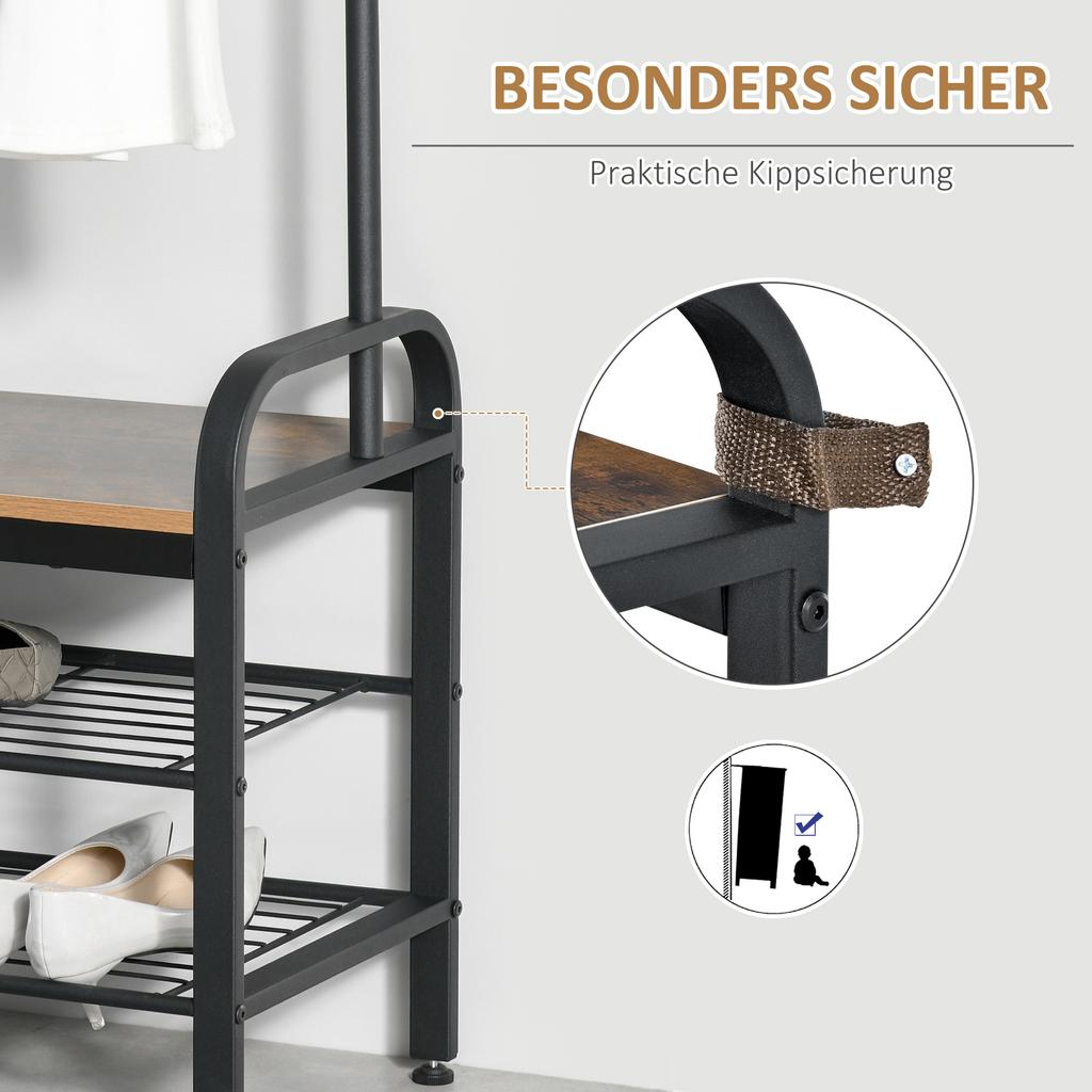 Coat Rack with Shoe Rack, 8 Hooks and 2 Shelves, MDF, 72x34x185cm, Black