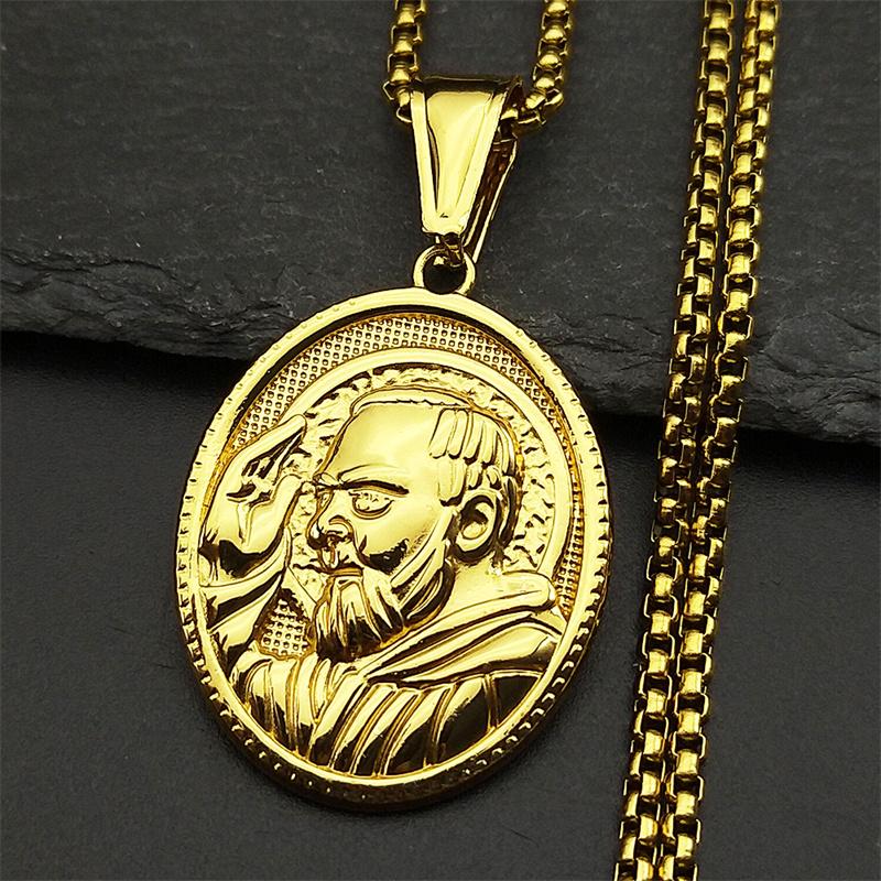 Padre Pio Saint Father Oval Medal Necklace for Men Stainless Steel Gold Color Christian Religious Pendant Necklaces Jewelry 60CM