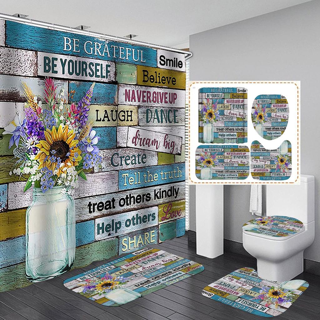 Butterfly Daisy Sunflower Shower Curtain Sets Retro Floral Vintage Country Farmhouse Flower Rustic Wooden Bathroom Decor Sets