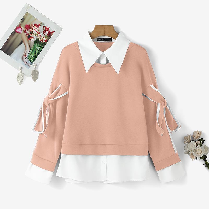 

ZANZEA Женские повседневные свитшоты с отложным воротником и длинными рукавами, пэчворк 2XL розовый