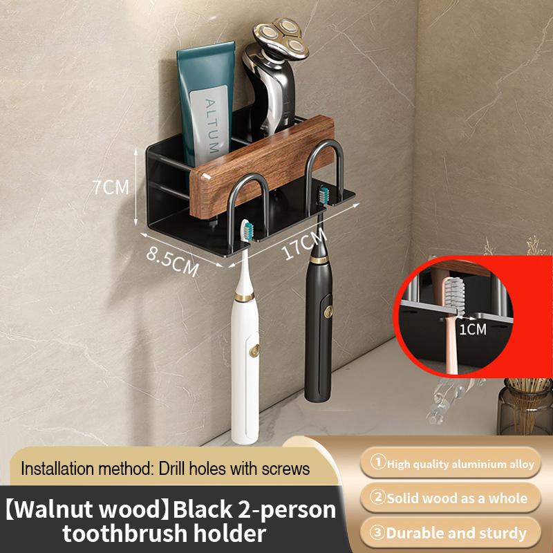 

Wood Multifunctional Toothbrush Rack and Mug Holder Wall Mounted Toothpaste and Mouthwash Storage with Toothpaste Squeezer