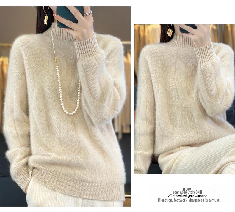 100% Pure Wool High Neck Sweater: Soft, Smooth, Thick Cashmere, Loose Knit Base Layer for Autumn/Winter