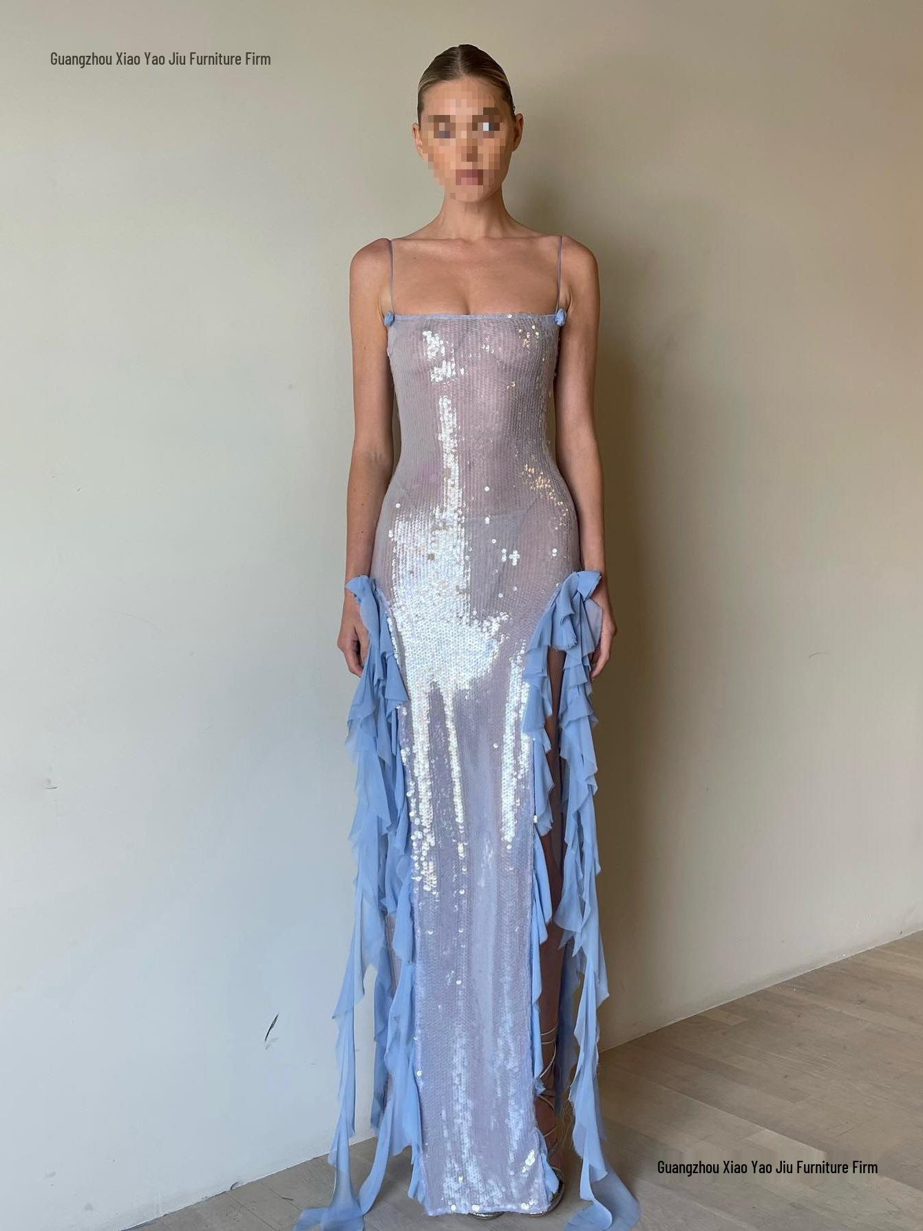 Elegant 3D Flower Sequin Evening Dress with Ruffle Hem XL синий