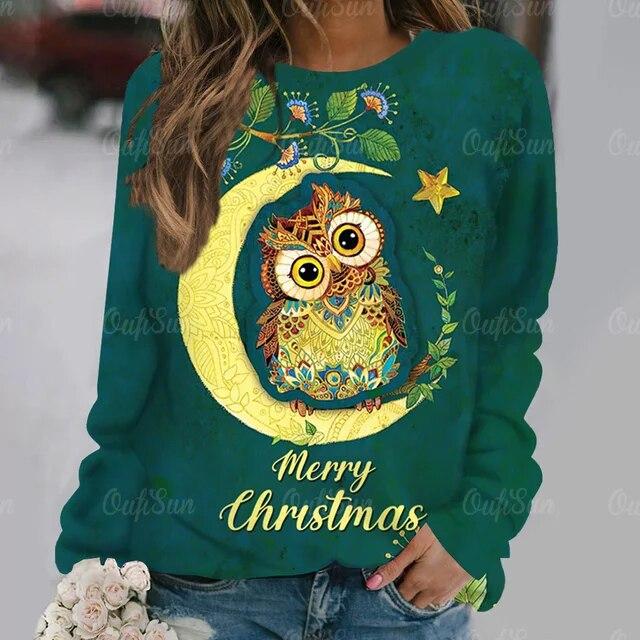 Autumn Fashion Long Sleeve T-Shirt Popular Women's Kawaii Owl Print Tees Aesthetics Round Neck Female Clothing Casual Street Top