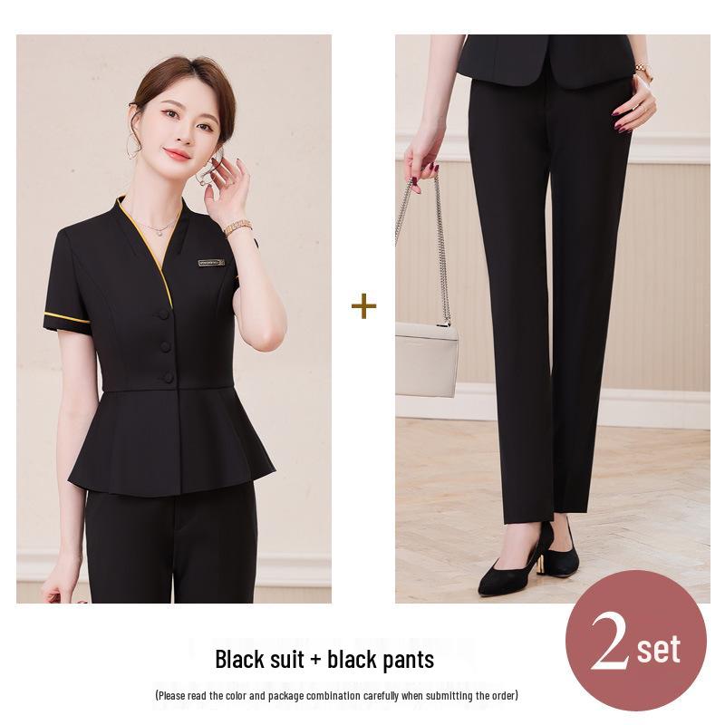 Women's 2025 Summer Collarless Short Sleeve Suit Set for Professional Jewelry Store/Hotel Reception Staff