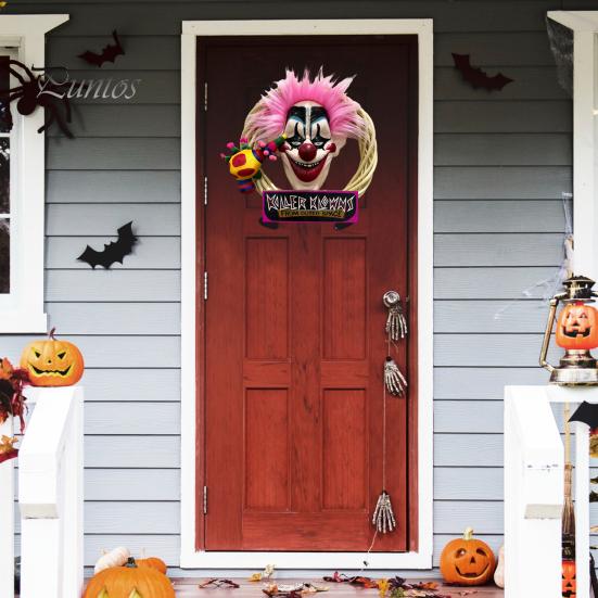 

Венок Круглое кольцо Жуткий клоун Хэллоуин Венок Ручная работа Легкий вес на батарейках для пугающей атмосферы