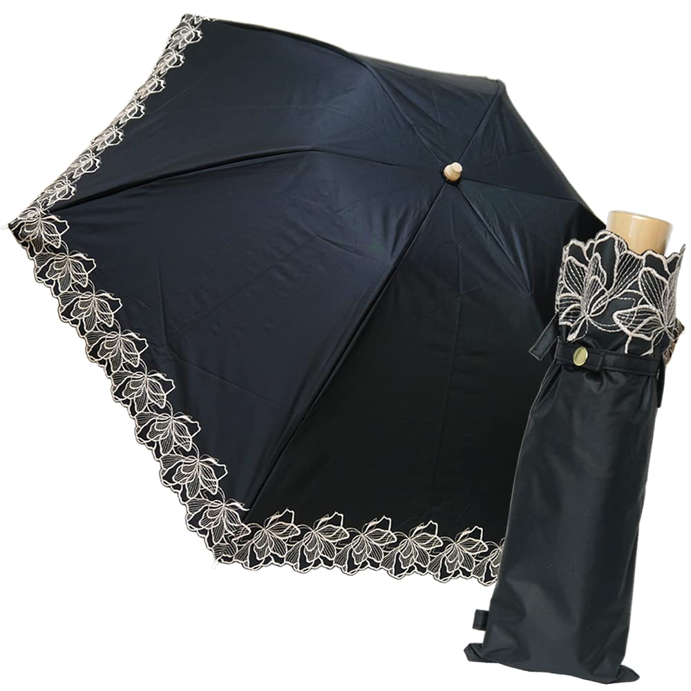

Новый Японский Складной Подходящий для Блокировки Солнечного и УФ Света Цветочная Вышивка Зонт от Солнца, Дождя, Легкий, Защита, 99.99% Степень, Блеск, (черный) чёрный