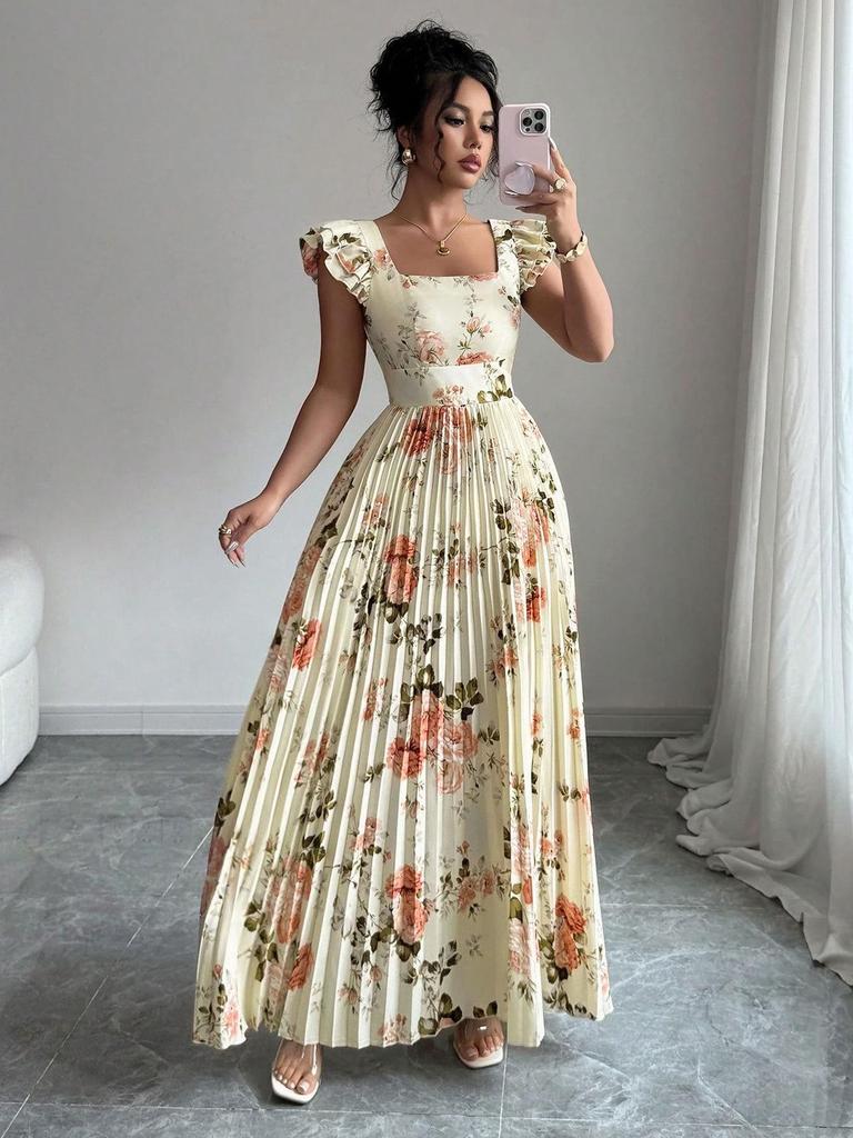 Women's Rose Print Flutter Sleeve Cinched Waist Dress, Casual Spring/Summer Wear