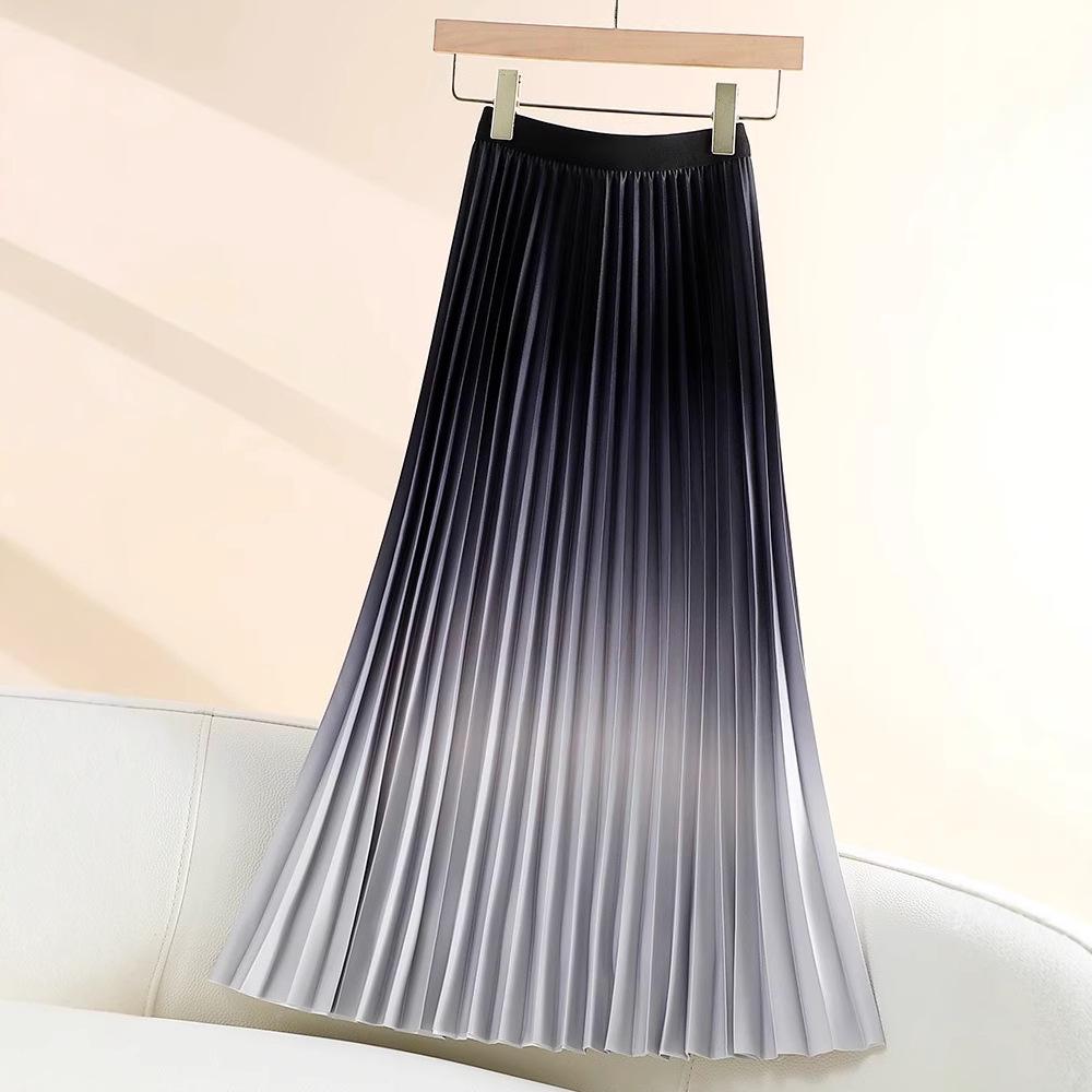 Women's Gradient Pleated Midi Skirt: Classic A-Line Slimming Design for Spring & Summer