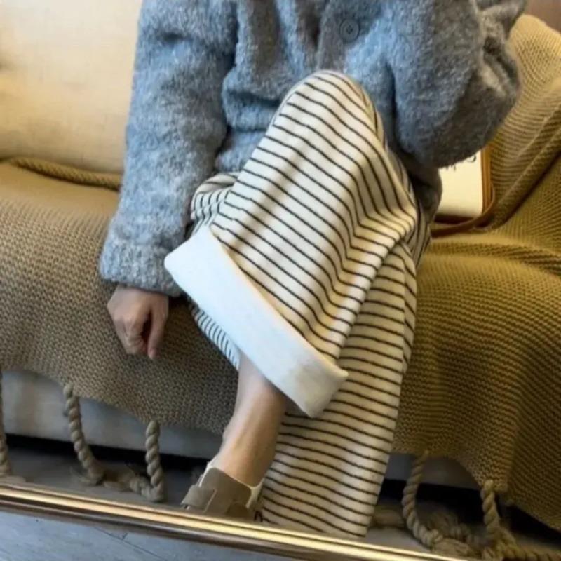 Spodnie damskie Pogrubione Elastyczne Elastyczne Wysoki Stan Długie Spodnie Paski Polar Casual Szerokie Nogawki