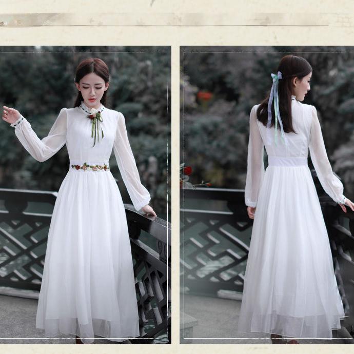 Vintage francouzské šifonové vyšívané maxi šaty s dlouhým rukávem pro ženy