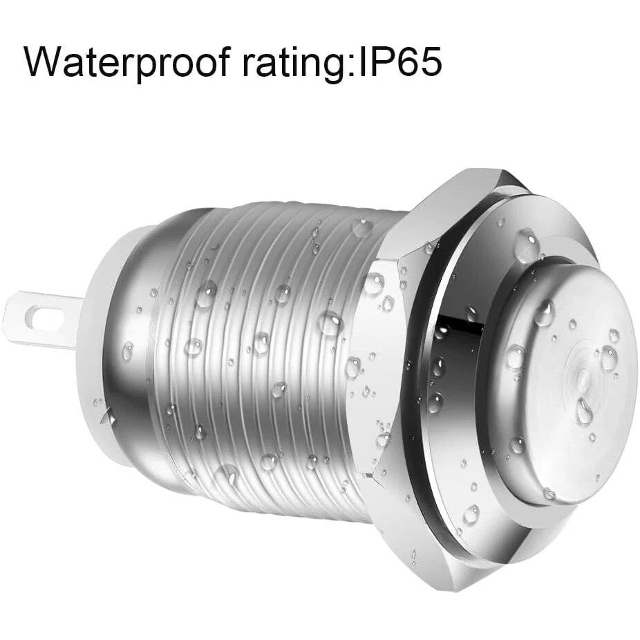 6 peças 12mm interruptor de botão momentâneo 12V à prova d'água botão de pressão pequeno redondo cromado metal inoxidável 2 pinos N/O
