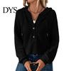 Waffle Knit Pullover Women Fall Winter Top Hooded Loose Buttons Drawstring Hoodie Pure Color Long Sleeves Daily Wear Sport Blouse