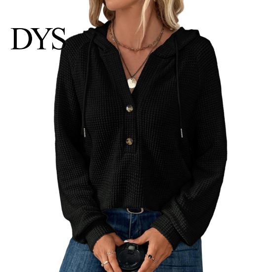 Waffle Knit Pullover Women Fall Winter Top Hooded Loose Buttons Drawstring Hoodie Pure Color Long Sleeves Daily Wear Sport Blouse