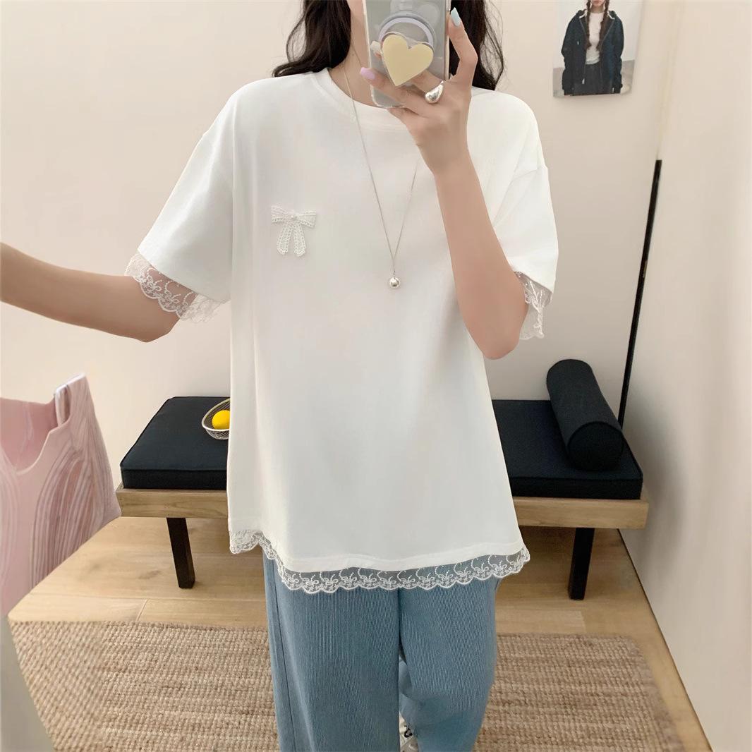 

Летняя футболка 2025 года из чистого хлопка с кружевной отделкой, с коротким рукавом One Size белый