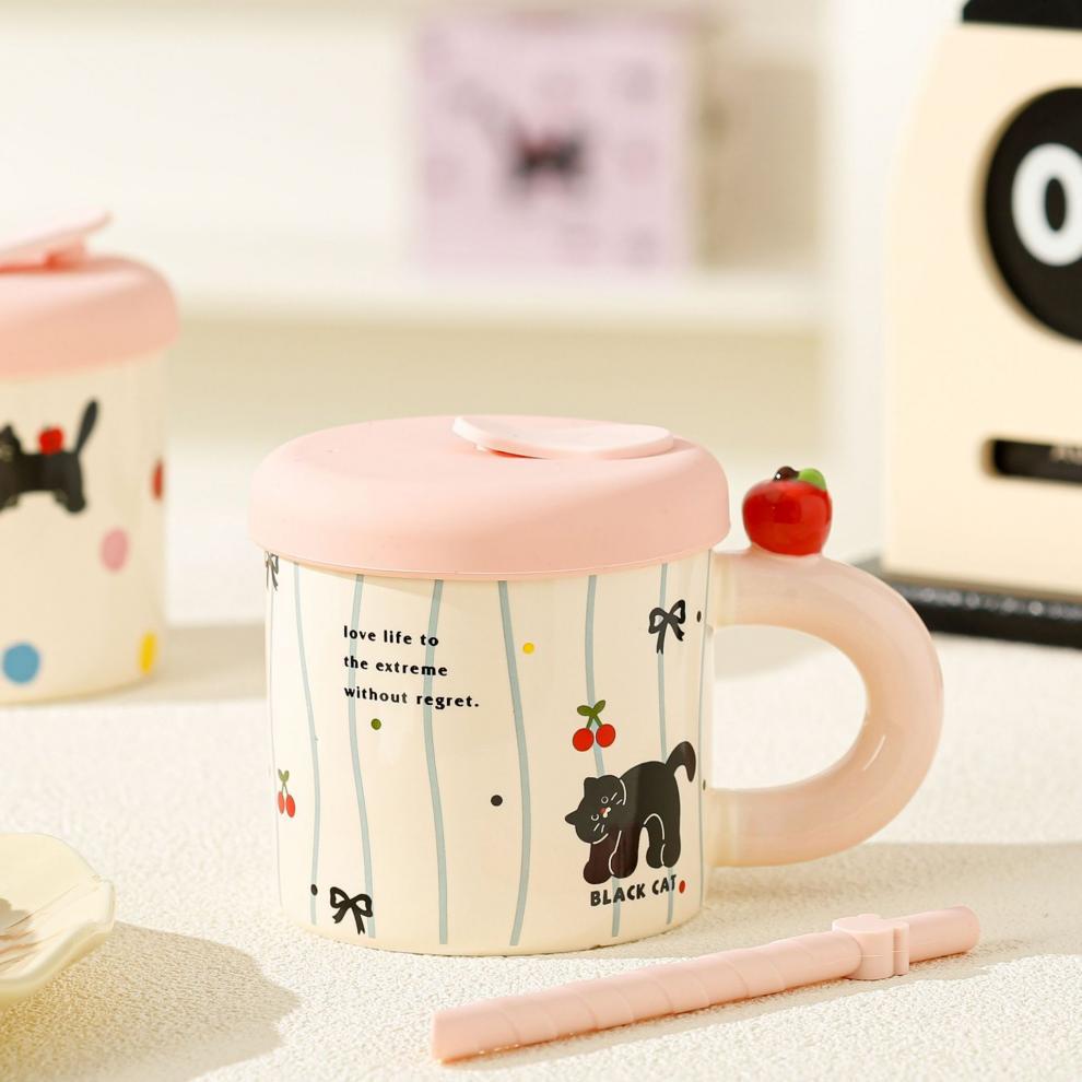 High Value Souvenir Apple Mug with Lid Gift Box Household Water Cup Cute Straw Cup Ceramic Coffee Cup