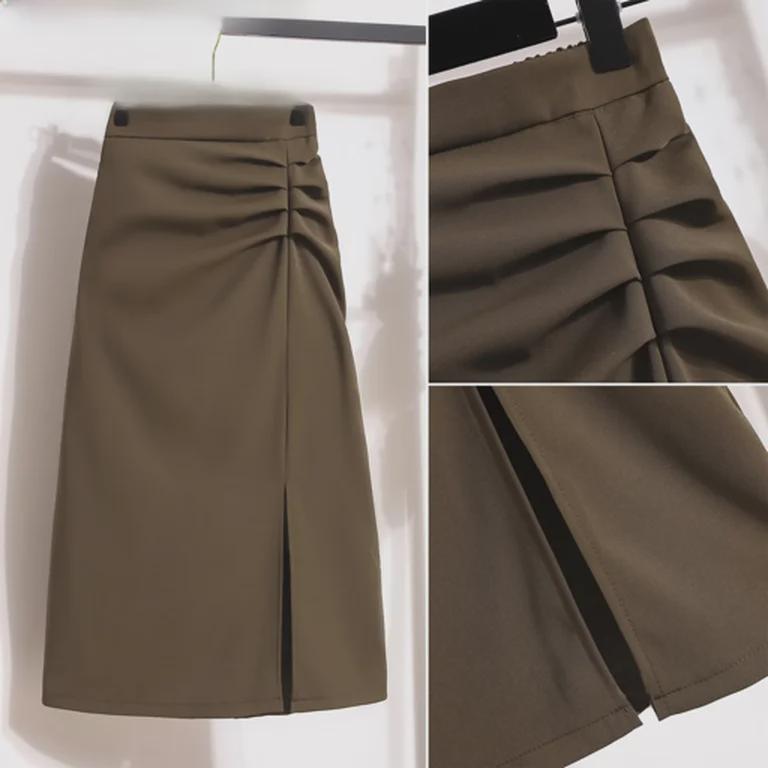 Hochwertiger schwarzer Schlitzrock für Damen – mittellang, hohe Taille, schmale Passform für Frühling und Herbst 2024