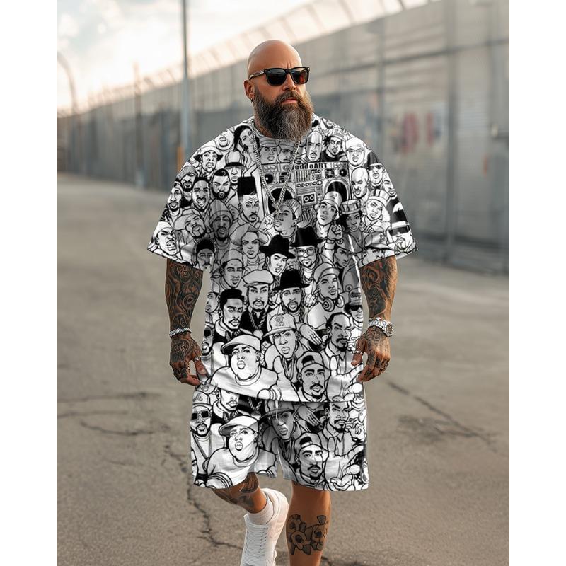Men s Summer Casual Outfit - All Over Print Hip-Hop Legends Short Sleeve T-Shirt and Shorts Two-Piece Set S