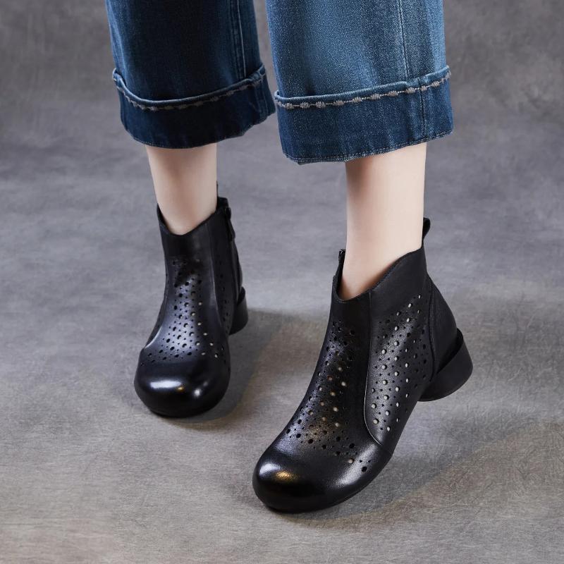 Johnature Pantofi de damă respirabili cu decupaje Piele naturală Confortabili Talpă moale Stil retro Cizme de vară