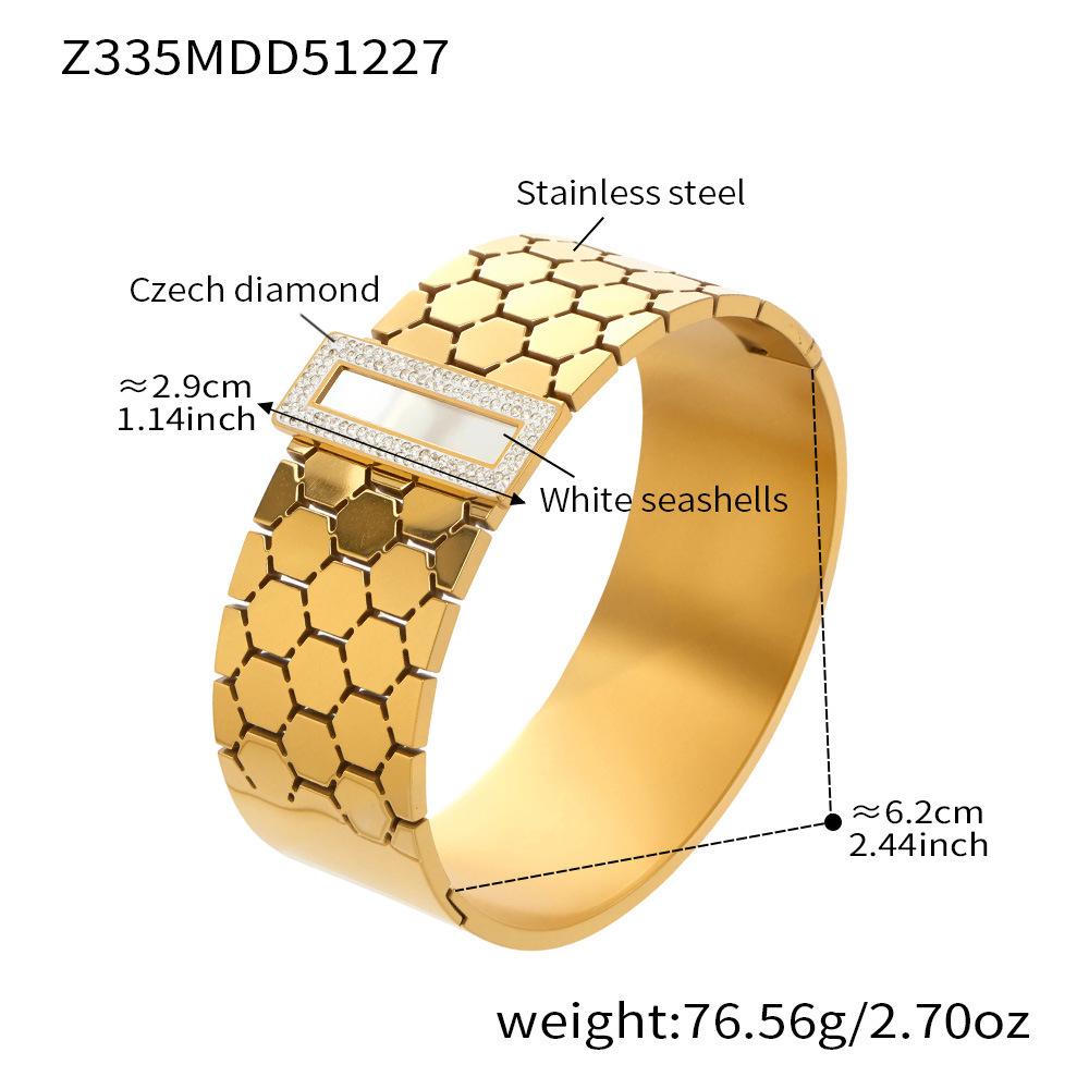 18K Gold Plated Honeycomb Pattern Stainless Steel Wide Bracelet with Zirconia Inlaid - European & American Fashion.