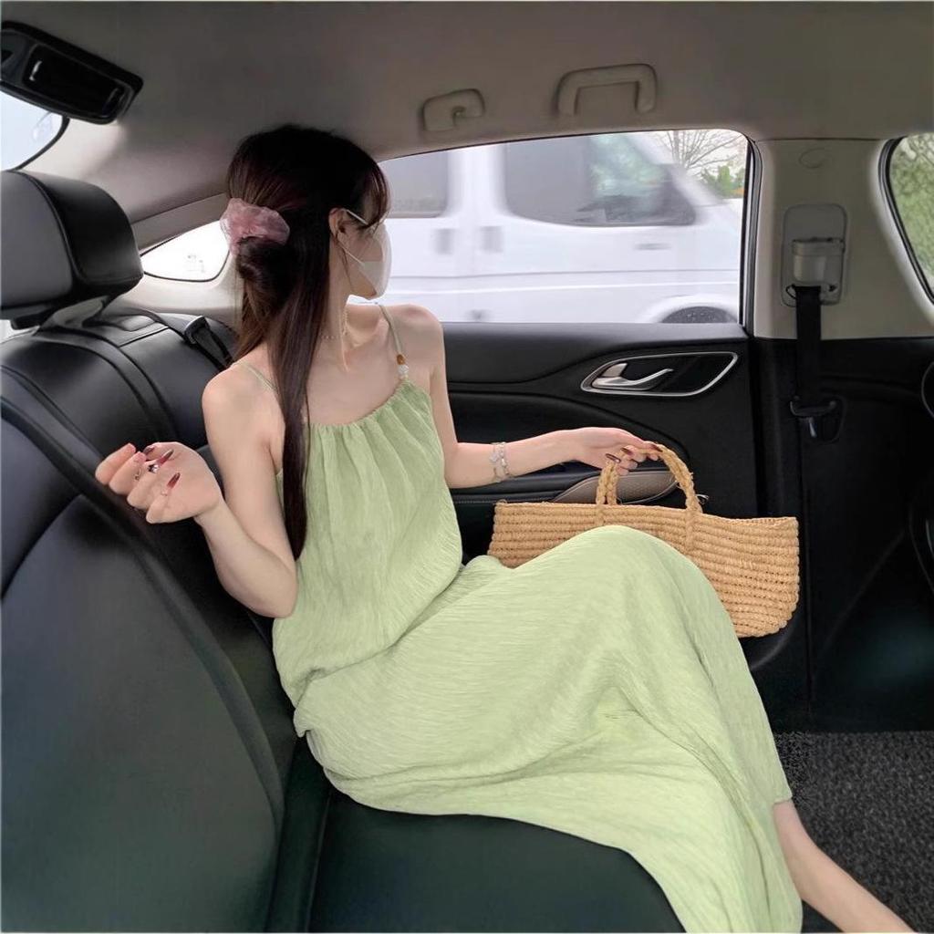 2024 Summer Women's Loose Slimming Green Spaghetti Strap Mid-Length Dress