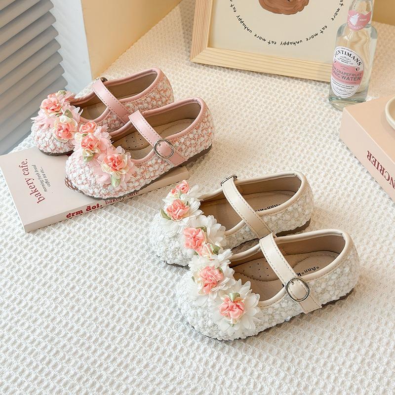Girls Flower Decorated Korean Style Princess Soft Sole Kids Leather Loafers