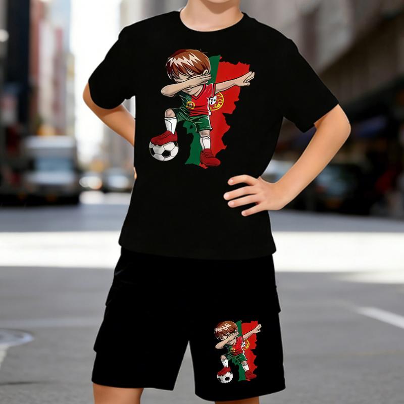 

Boys 2 Piece Football Themed Print Outfit, Short Sleeve T-Shirt and Shorts Set for Kids Age 5-14, White Sporty Casual Summer Clothes 5-6 Years чёрный