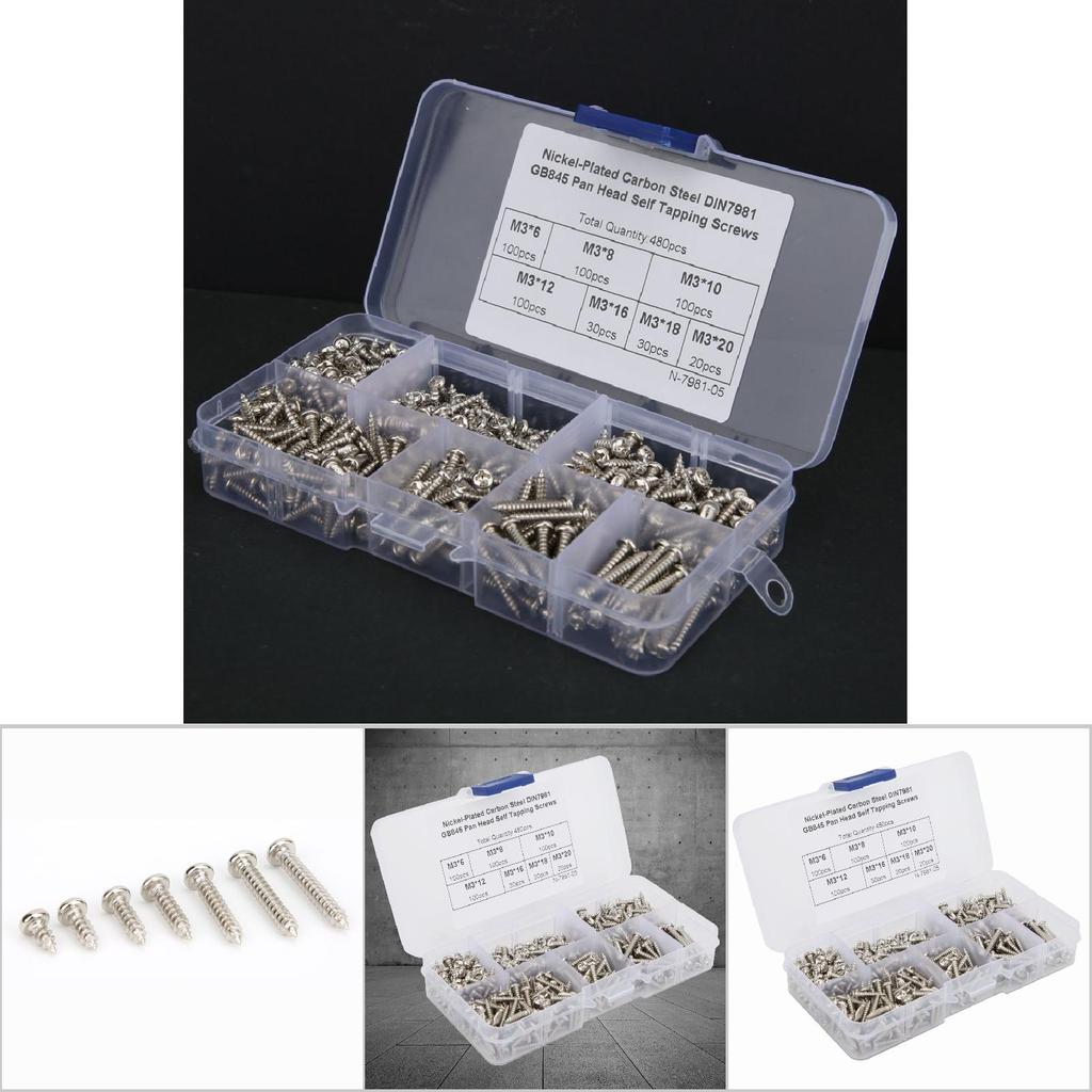 480Pcs Self Tapping Screw Pan Round Head Carbon Steel Fittings M3 Black Nickel Plating(Carbon Steel Black )