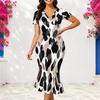 Women Plus Size V Neck Short Sleeve White Blue Printed Fitted Fishtail Dress