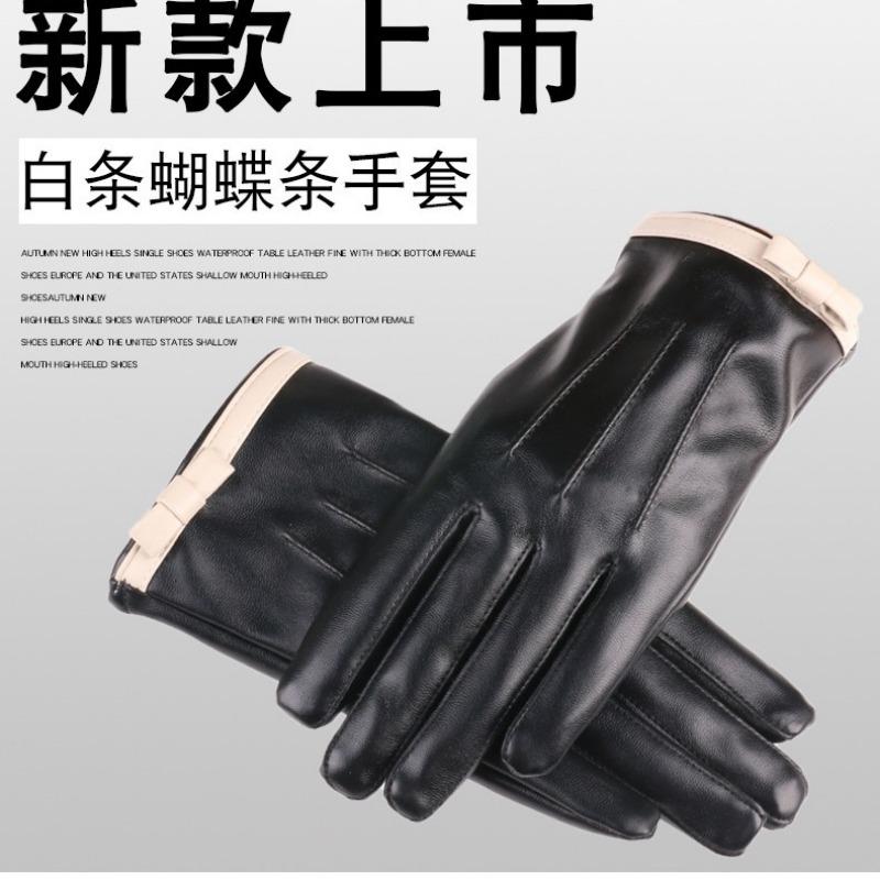 New autumn and winter women's leather gloves warm and velvet to keep out the cold outdoor fashion bow cold touch screen leather gloves