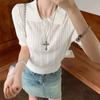 Solid Knitted T-shirts Hollow Out Thin Spring Summer Sweet T Shirt for Women Korean Elegant Top