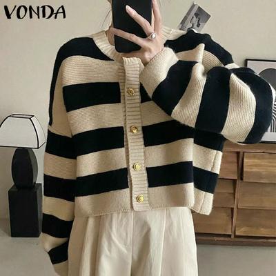 Women Casual Loose Long Sleeve Striped Knitted Cardigans Coats