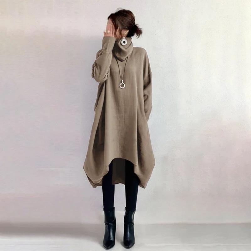 Mid-Length Cocoon Dress with Irregular Hem and Patch Pockets - Available in 2 Colors Small хаки